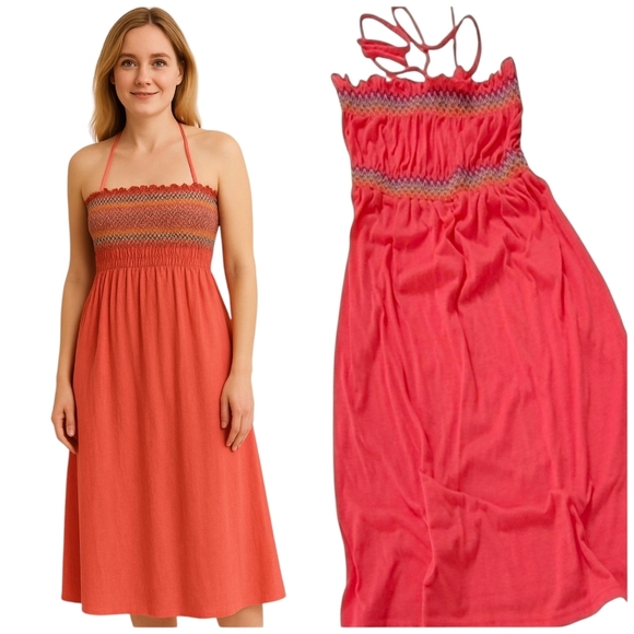 OCEAN PACIFIC OP Smocked Babydoll Embroidery Halter Bright Pink Dress Medium - Picture 1 of 7